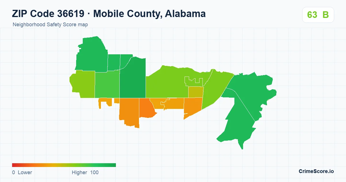 ZIP Code 36619 in Mobile County, Alabama neighborhood Safety Score map