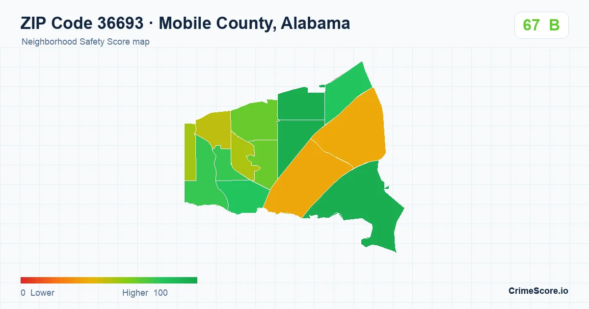 ZIP Code 36693 in Mobile County, Alabama neighborhood Safety Score map