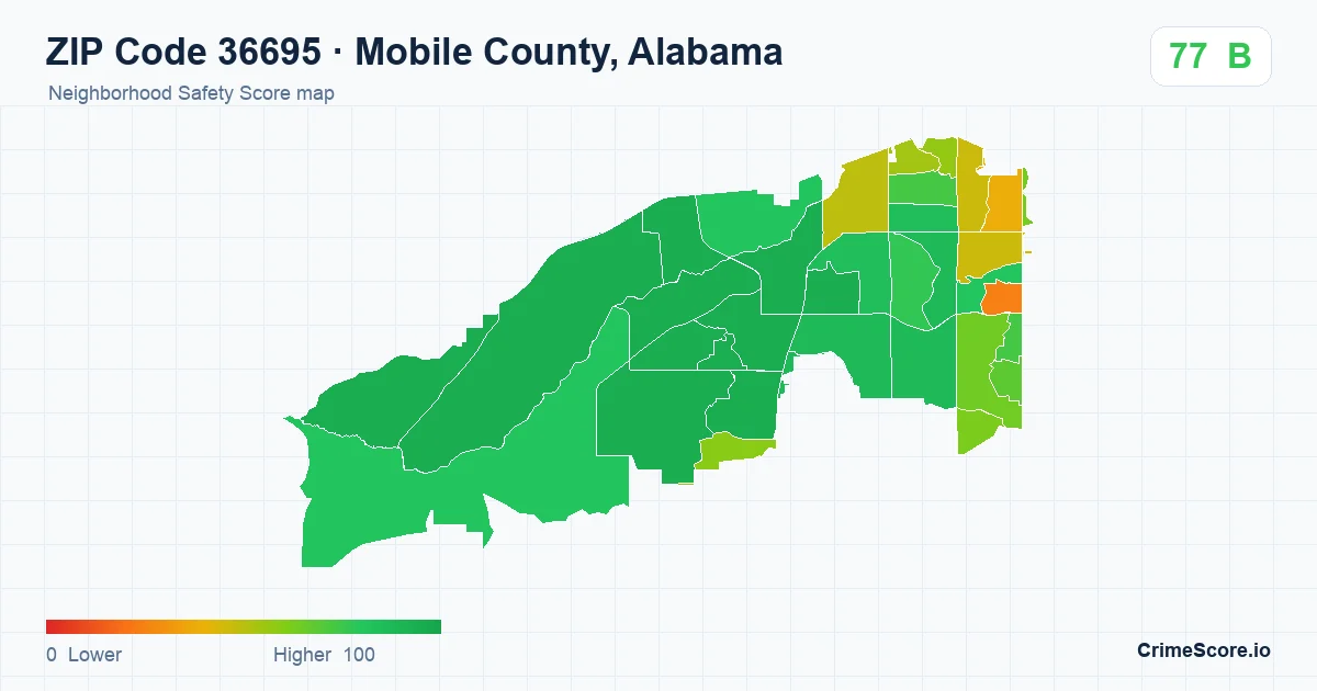 ZIP Code 36695 in Mobile County, Alabama neighborhood Safety Score map