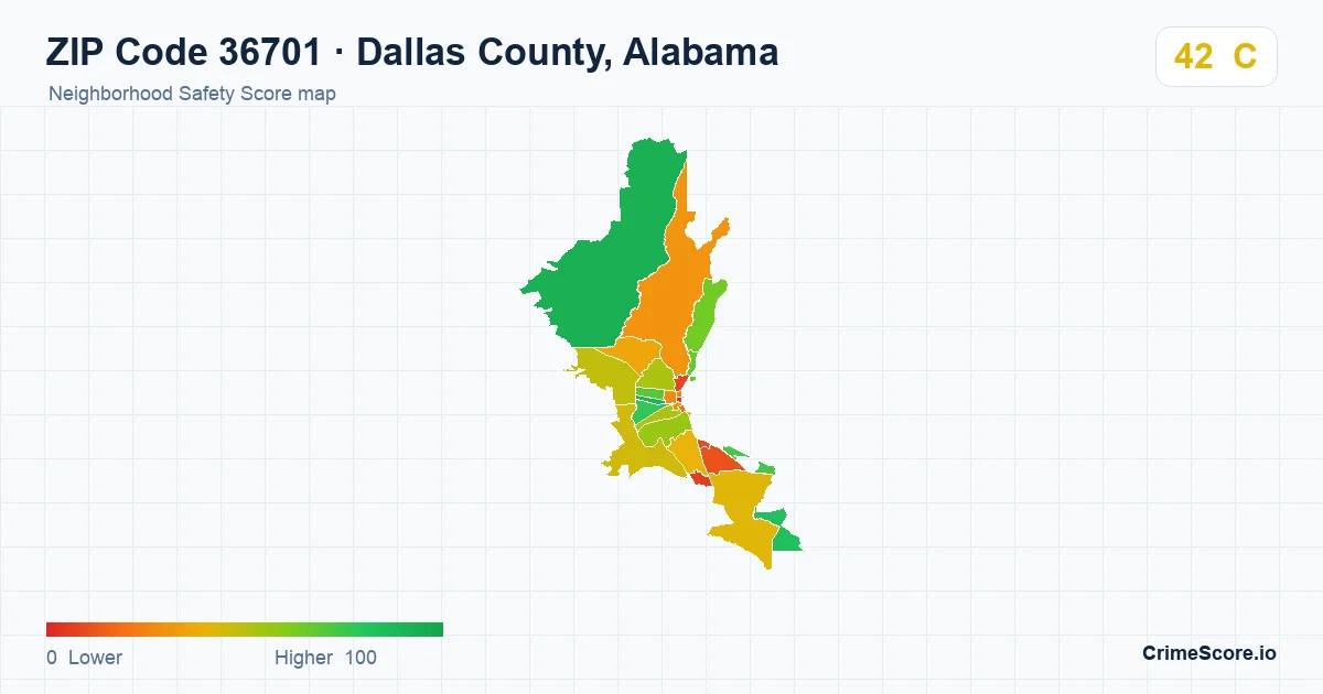 ZIP Code 36701 in Dallas County, Alabama neighborhood Safety Score map