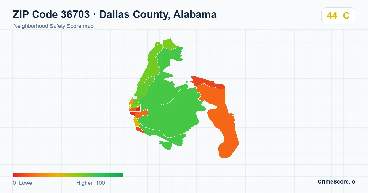 ZIP Code 36703 in Dallas County, Alabama neighborhood Safety Score map