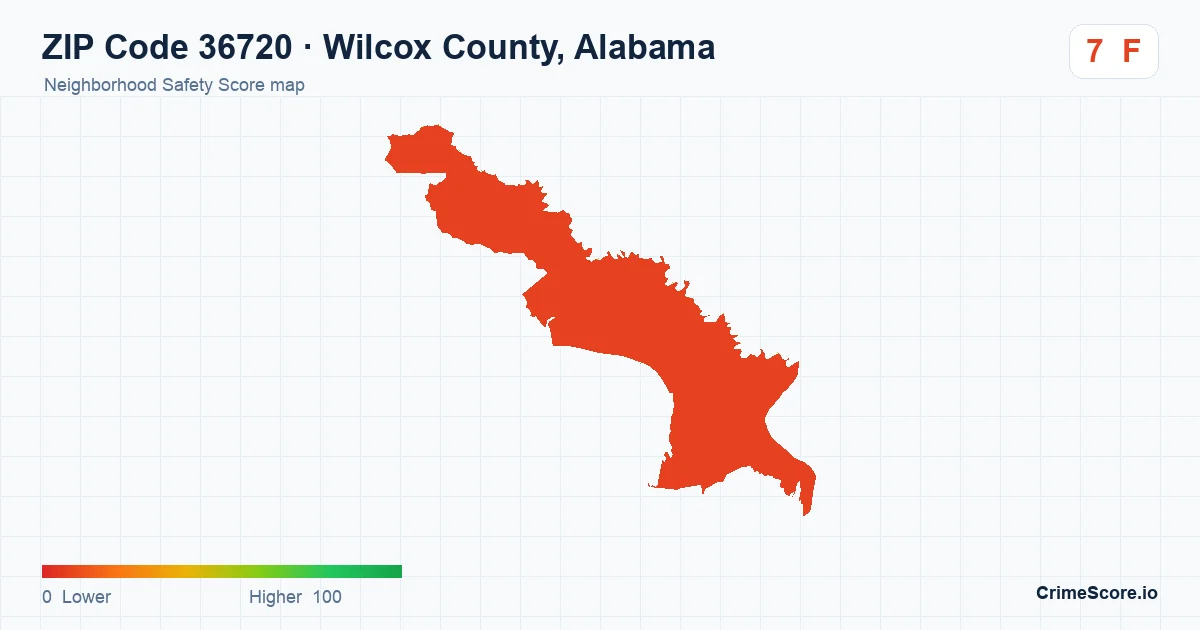 ZIP Code 36720 in Wilcox County, Alabama neighborhood Safety Score map