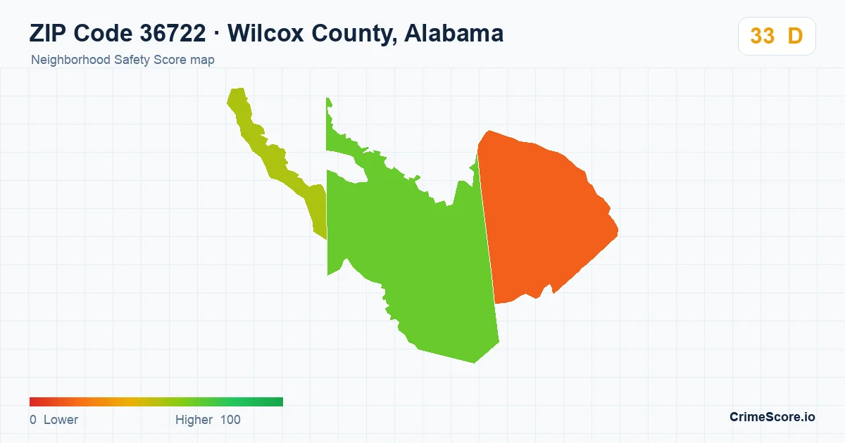 ZIP Code 36722 in Wilcox County, Alabama neighborhood Safety Score map