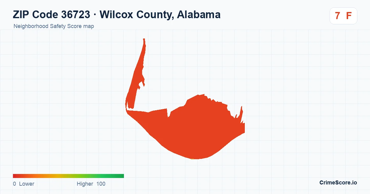 ZIP Code 36723 in Wilcox County, Alabama neighborhood Safety Score map