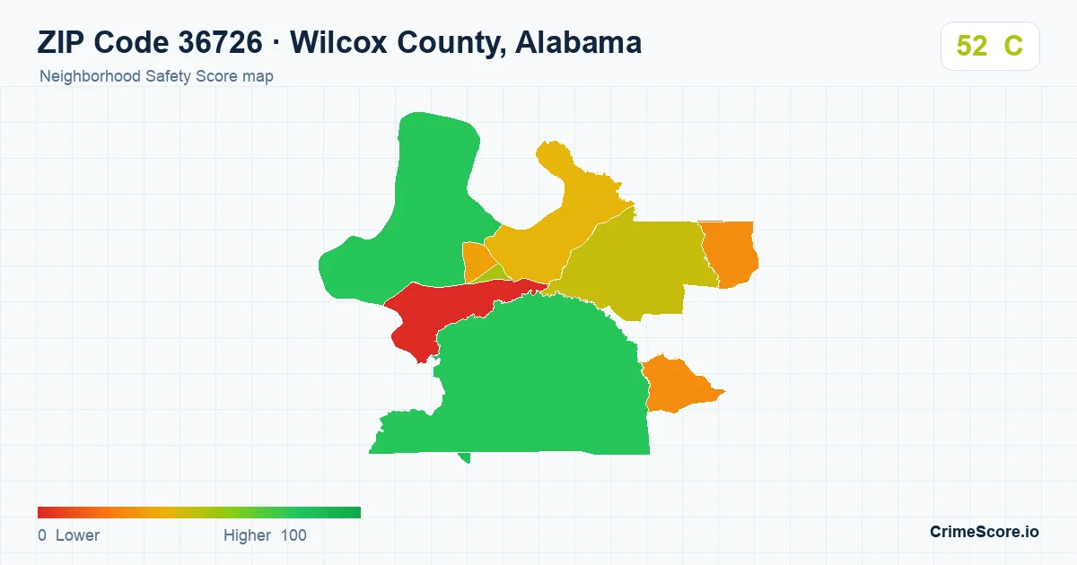 ZIP Code 36726 in Wilcox County, Alabama neighborhood Safety Score map