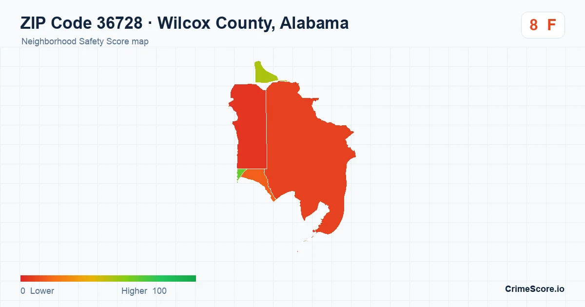 ZIP Code 36728 in Wilcox County, Alabama neighborhood Safety Score map