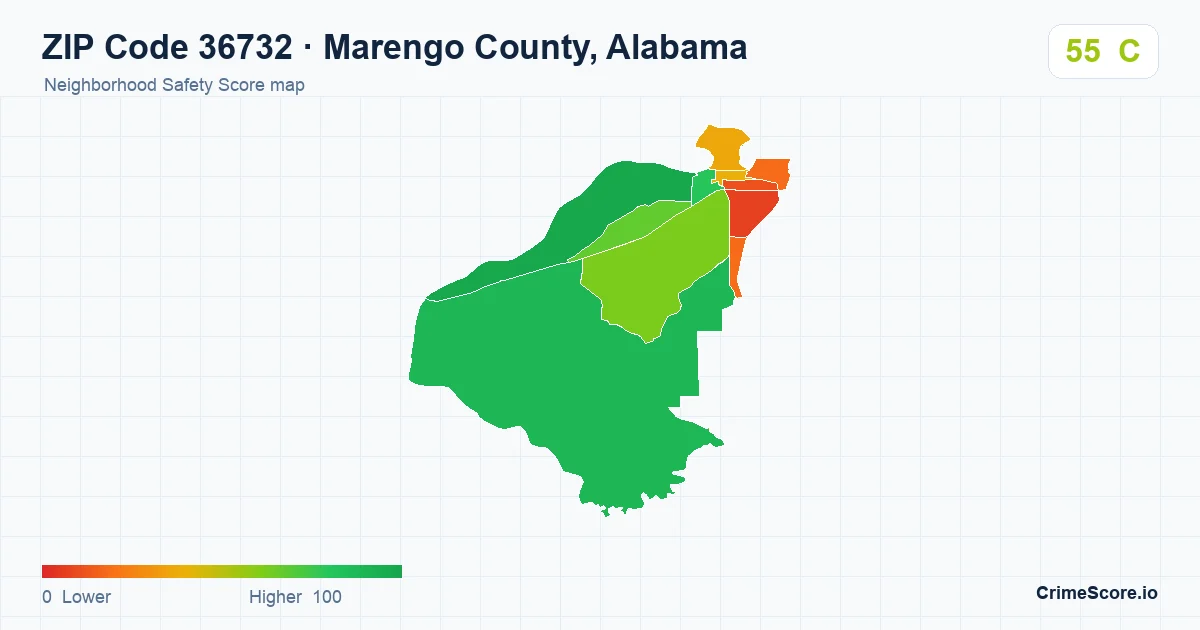 ZIP Code 36732 in Marengo County, Alabama neighborhood Safety Score map