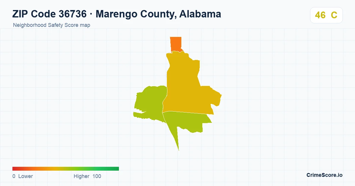 ZIP Code 36736 in Marengo County, Alabama neighborhood Safety Score map