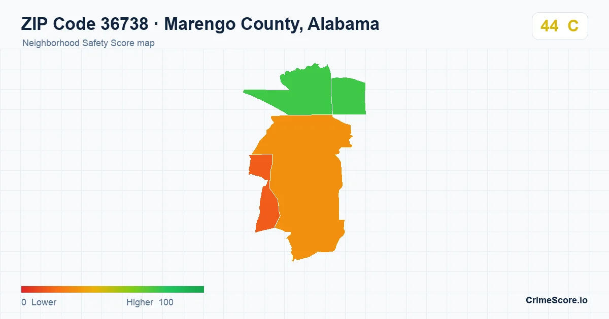 ZIP Code 36738 in Marengo County, Alabama neighborhood Safety Score map