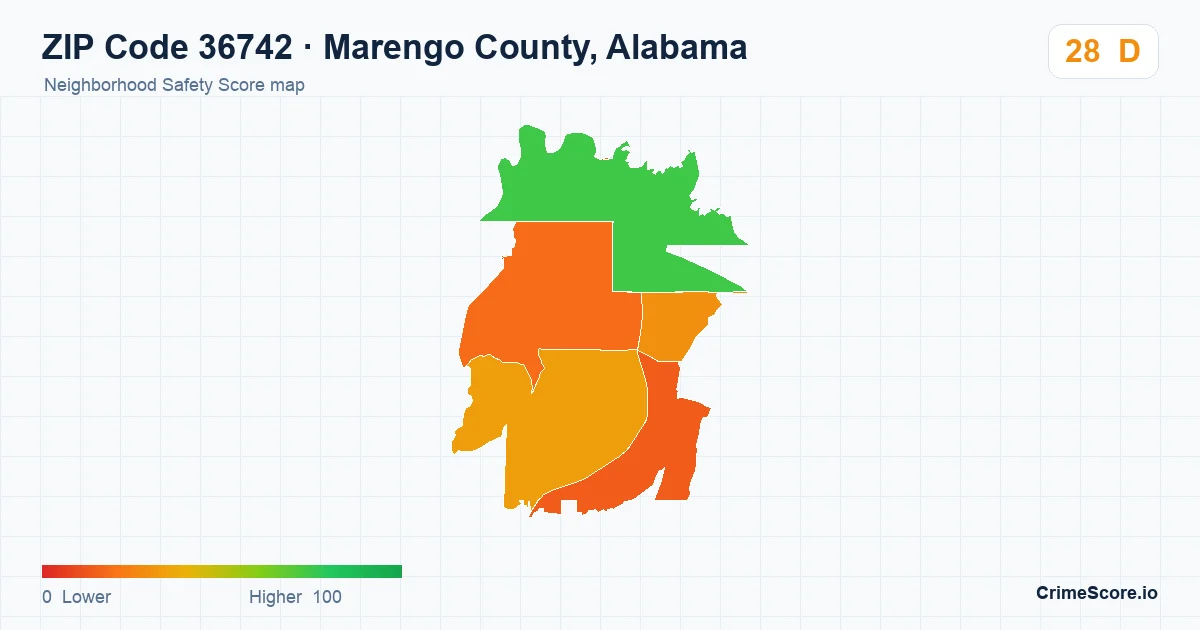 ZIP Code 36742 in Marengo County, Alabama neighborhood Safety Score map