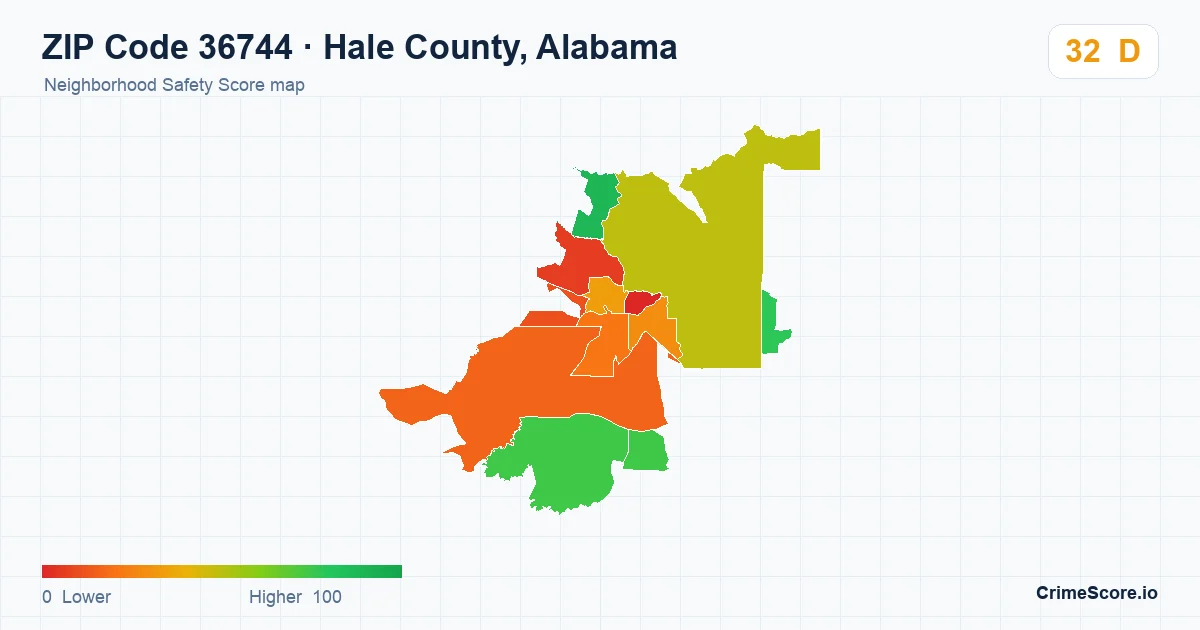 ZIP Code 36744 in Hale County, Alabama neighborhood Safety Score map