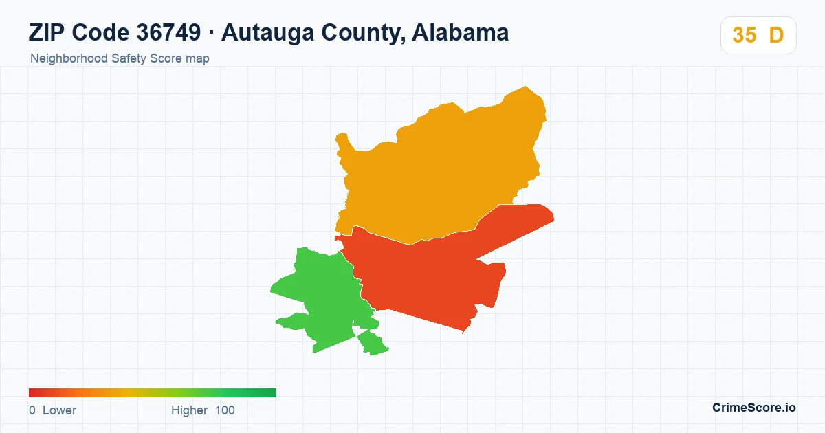 ZIP Code 36749 in Autauga County, Alabama neighborhood Safety Score map
