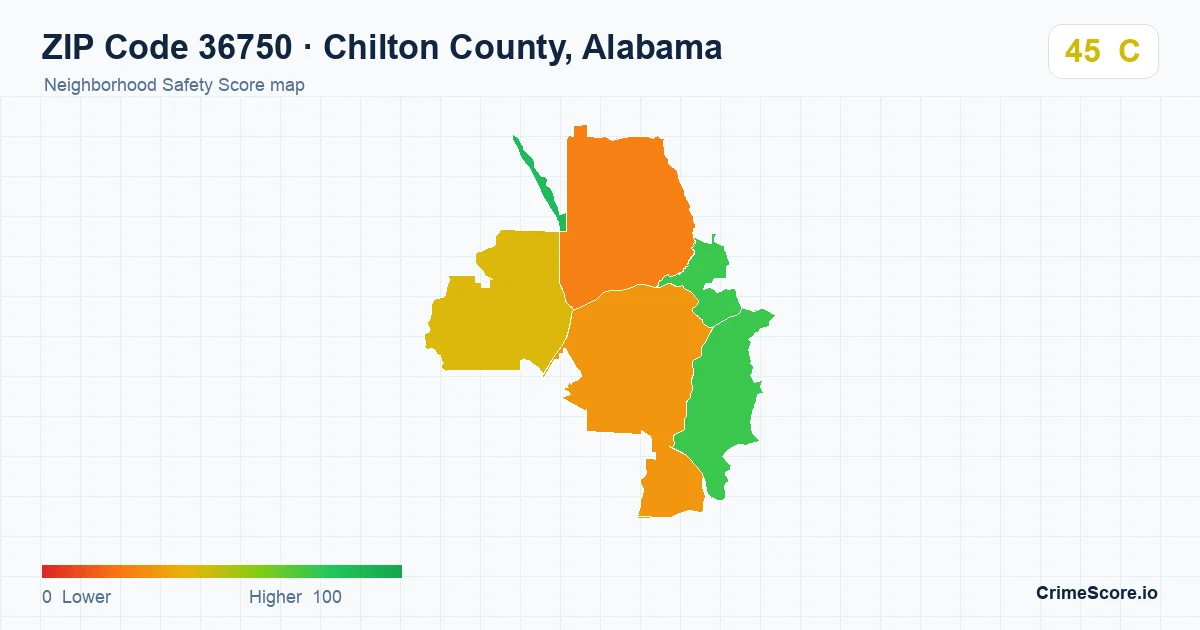 ZIP Code 36750 in Chilton County, Alabama neighborhood Safety Score map