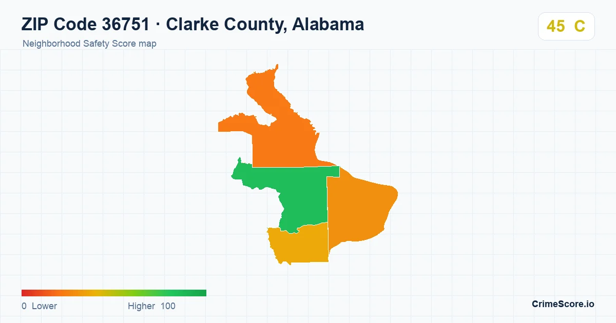 ZIP Code 36751 in Clarke County, Alabama neighborhood Safety Score map