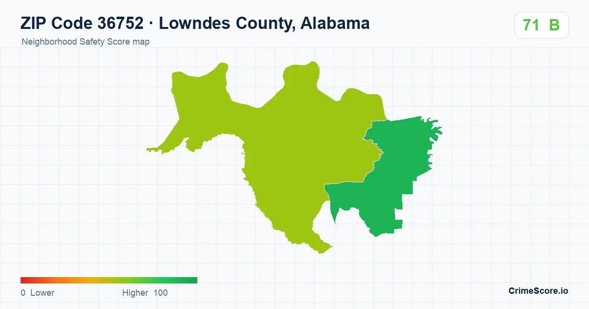 ZIP Code 36752 in Lowndes County, Alabama neighborhood Safety Score map