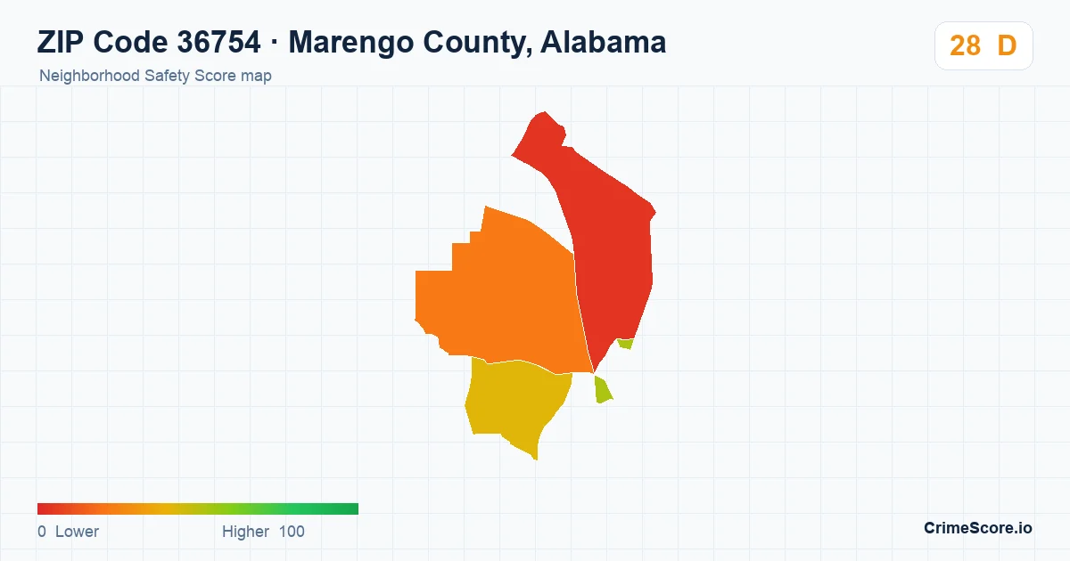 ZIP Code 36754 in Marengo County, Alabama neighborhood Safety Score map