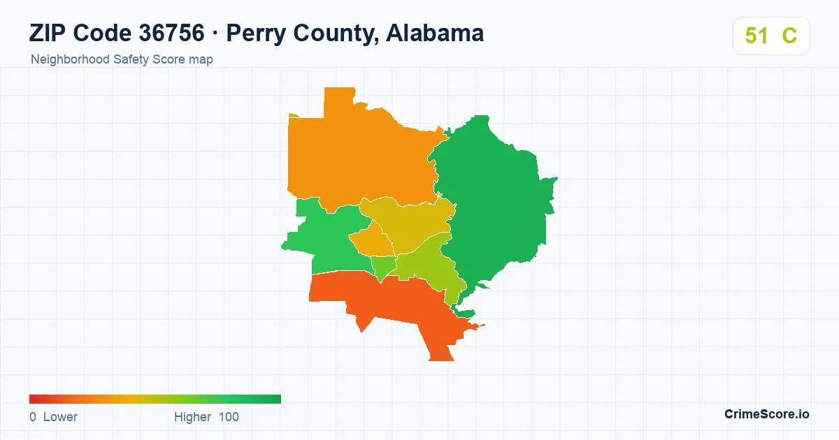 ZIP Code 36756 in Perry County, Alabama neighborhood Safety Score map