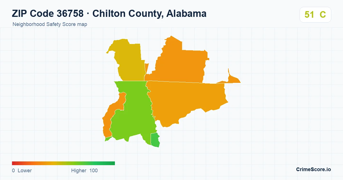 ZIP Code 36758 in Chilton County, Alabama neighborhood Safety Score map