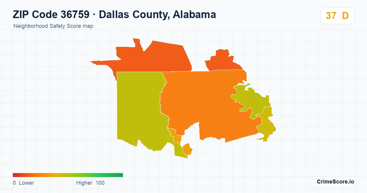 ZIP Code 36759 in Dallas County, Alabama neighborhood Safety Score map
