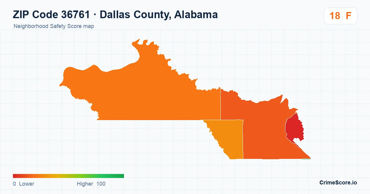 ZIP Code 36761 in Dallas County, Alabama neighborhood Safety Score map