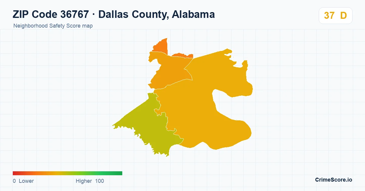 ZIP Code 36767 in Dallas County, Alabama neighborhood Safety Score map