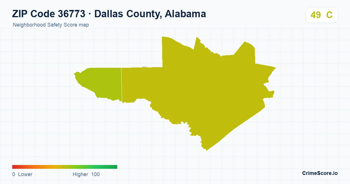 ZIP Code 36773 in Dallas County, Alabama neighborhood Safety Score map