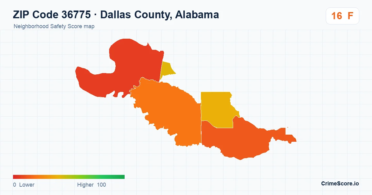 ZIP Code 36775 in Dallas County, Alabama neighborhood Safety Score map