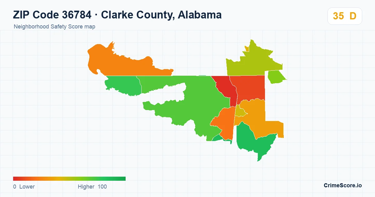 ZIP Code 36784 in Clarke County, Alabama neighborhood Safety Score map