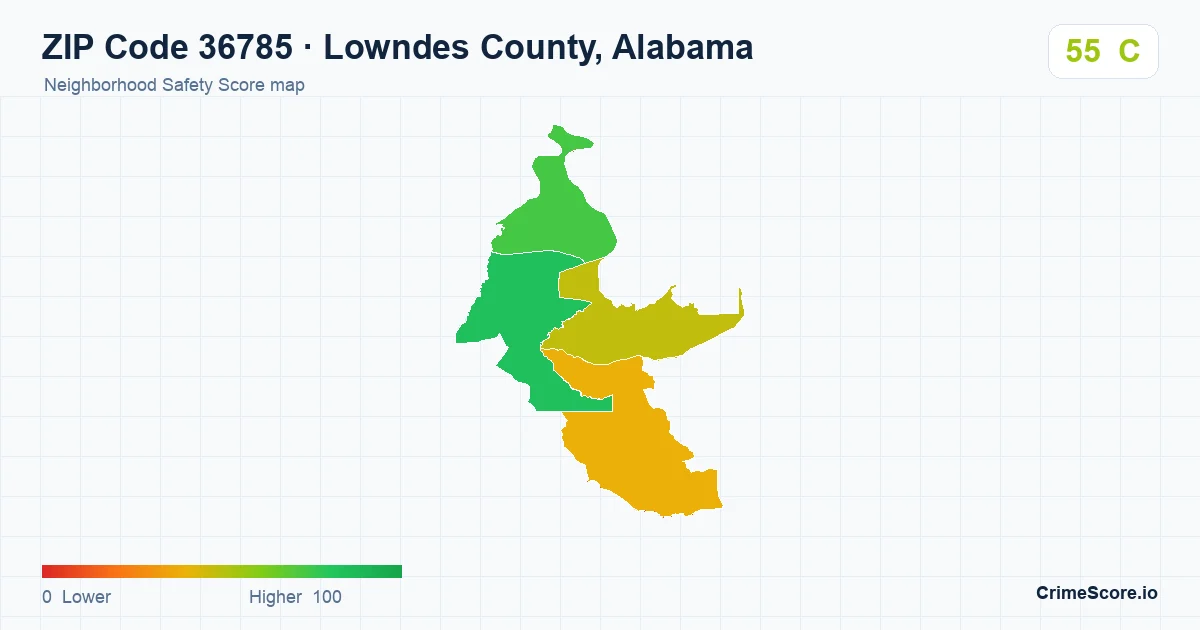 ZIP Code 36785 in Lowndes County, Alabama neighborhood Safety Score map