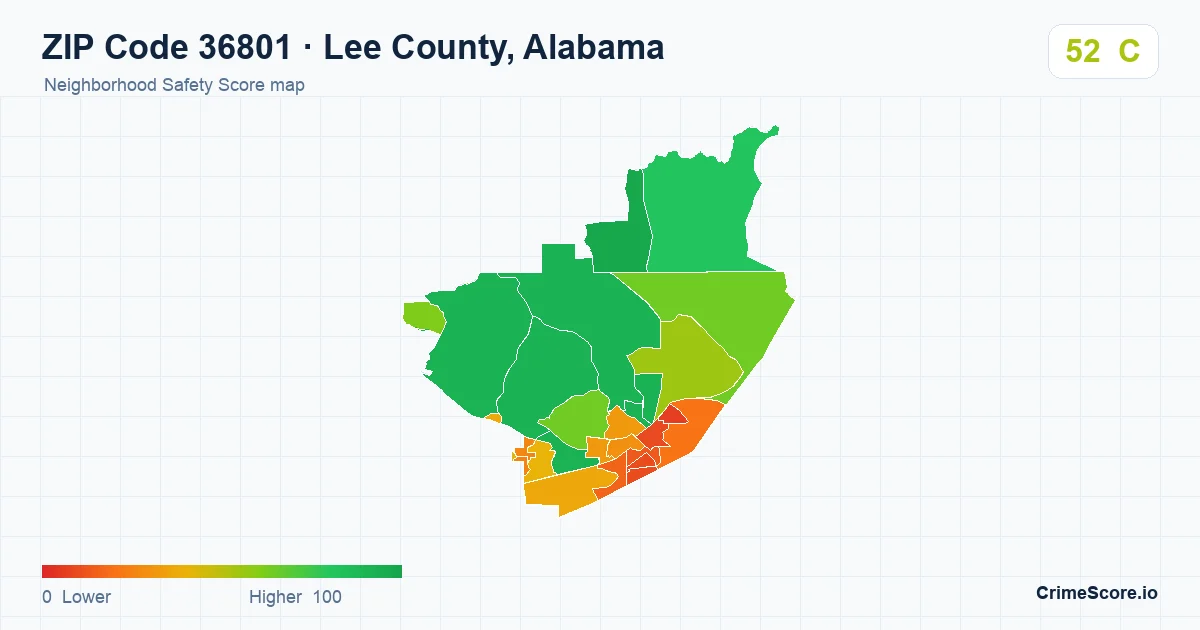 ZIP Code 36801 in Lee County, Alabama neighborhood Safety Score map