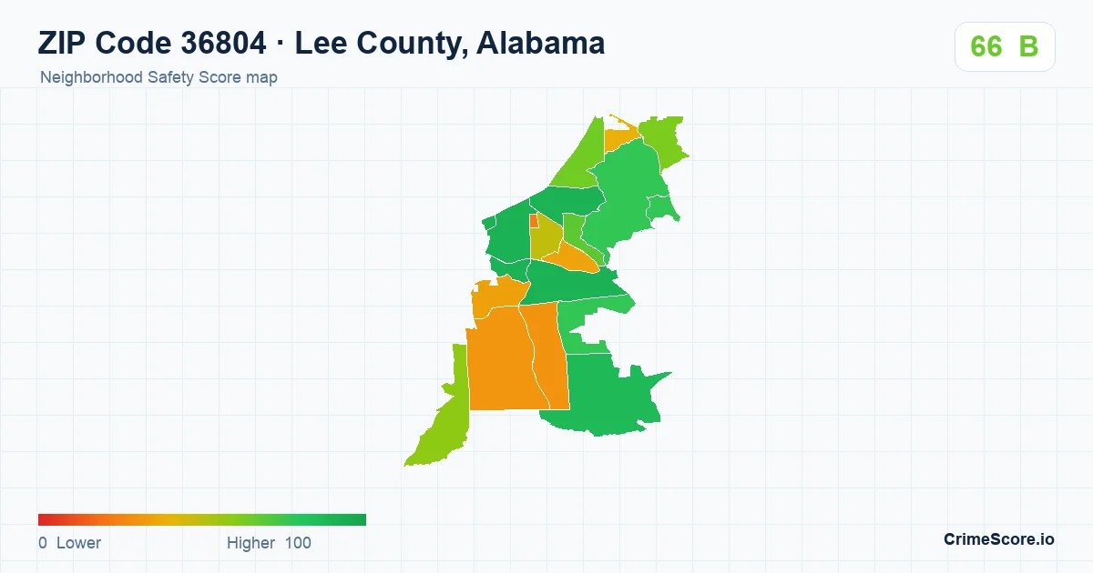 ZIP Code 36804 in Lee County, Alabama neighborhood Safety Score map