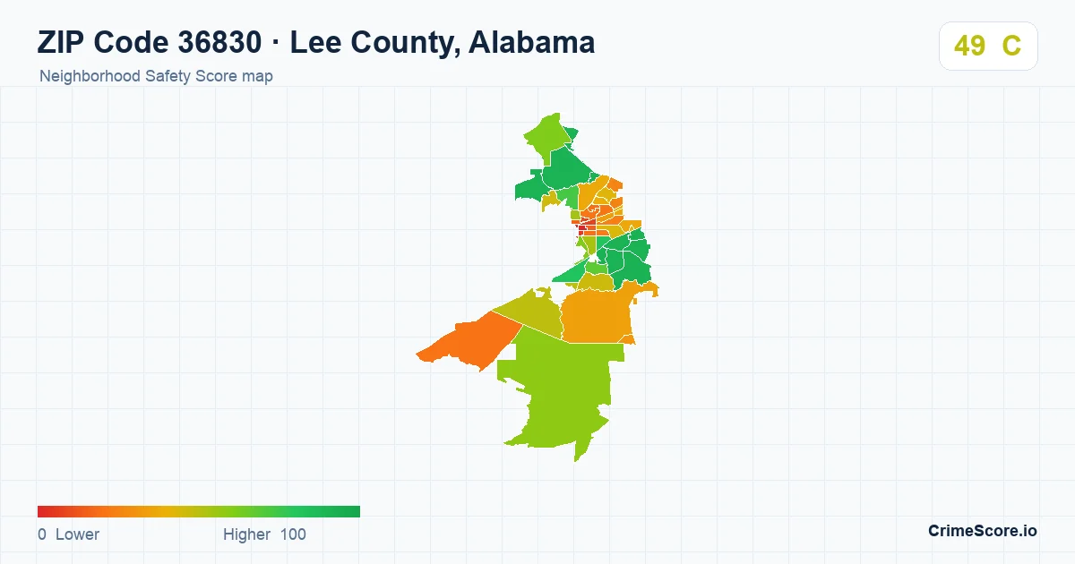 ZIP Code 36830 in Lee County, Alabama neighborhood Safety Score map