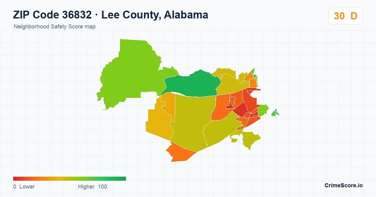 ZIP Code 36832 in Lee County, Alabama neighborhood Safety Score map