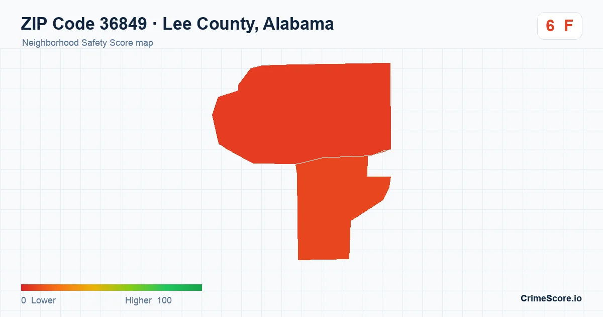 ZIP Code 36849 in Lee County, Alabama neighborhood Safety Score map