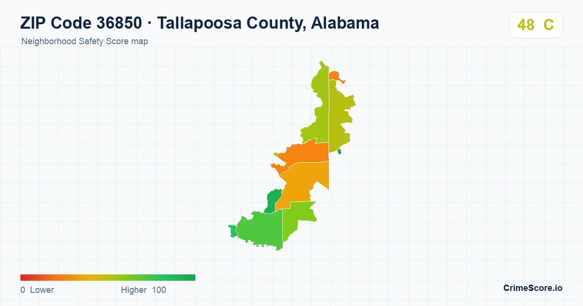 ZIP Code 36850 in Tallapoosa County, Alabama neighborhood Safety Score map