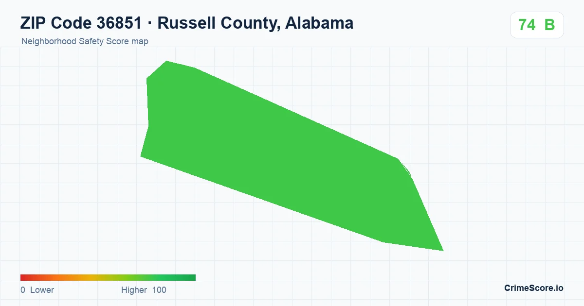 ZIP Code 36851 in Russell County, Alabama neighborhood Safety Score map