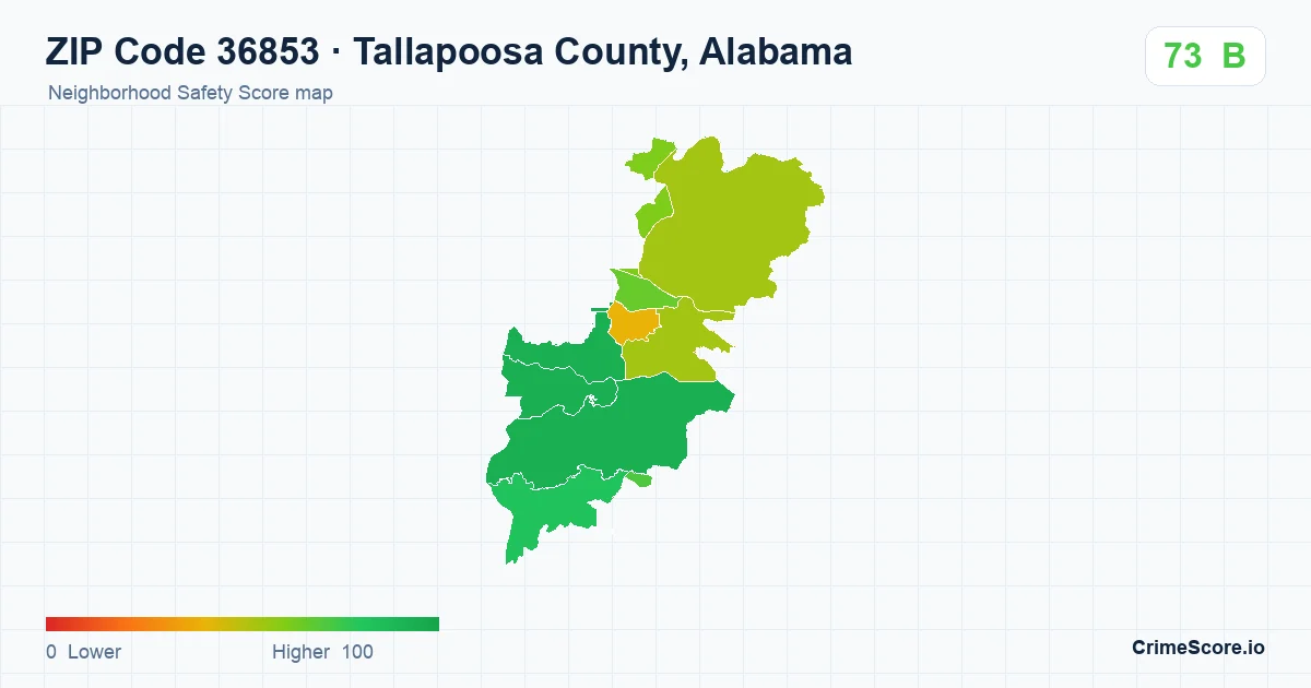 ZIP Code 36853 in Tallapoosa County, Alabama neighborhood Safety Score map