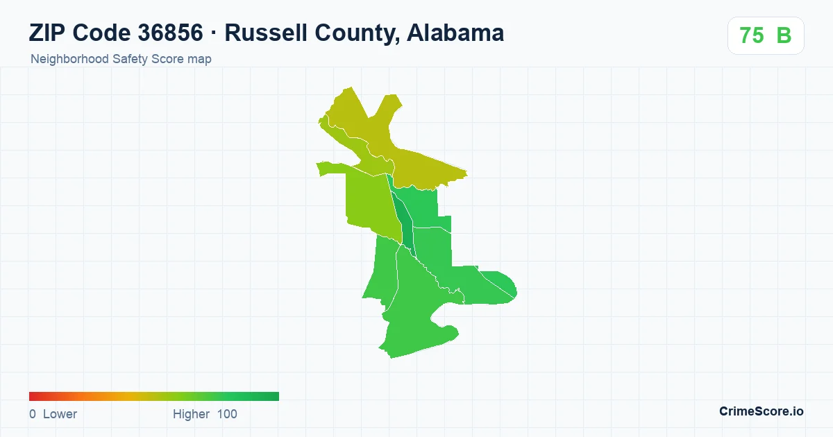 ZIP Code 36856 in Russell County, Alabama neighborhood Safety Score map