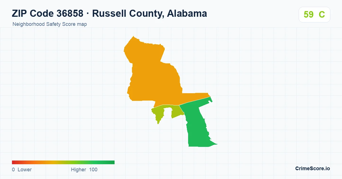 ZIP Code 36858 in Russell County, Alabama neighborhood Safety Score map
