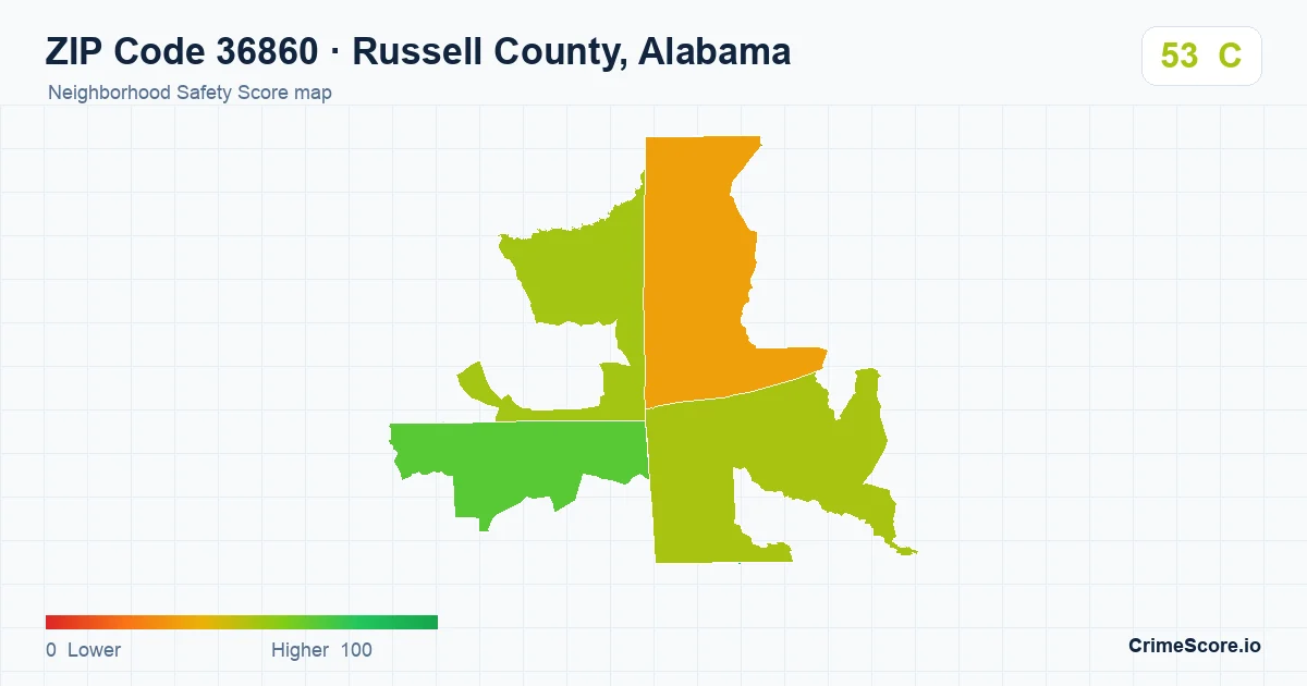 ZIP Code 36860 in Russell County, Alabama neighborhood Safety Score map