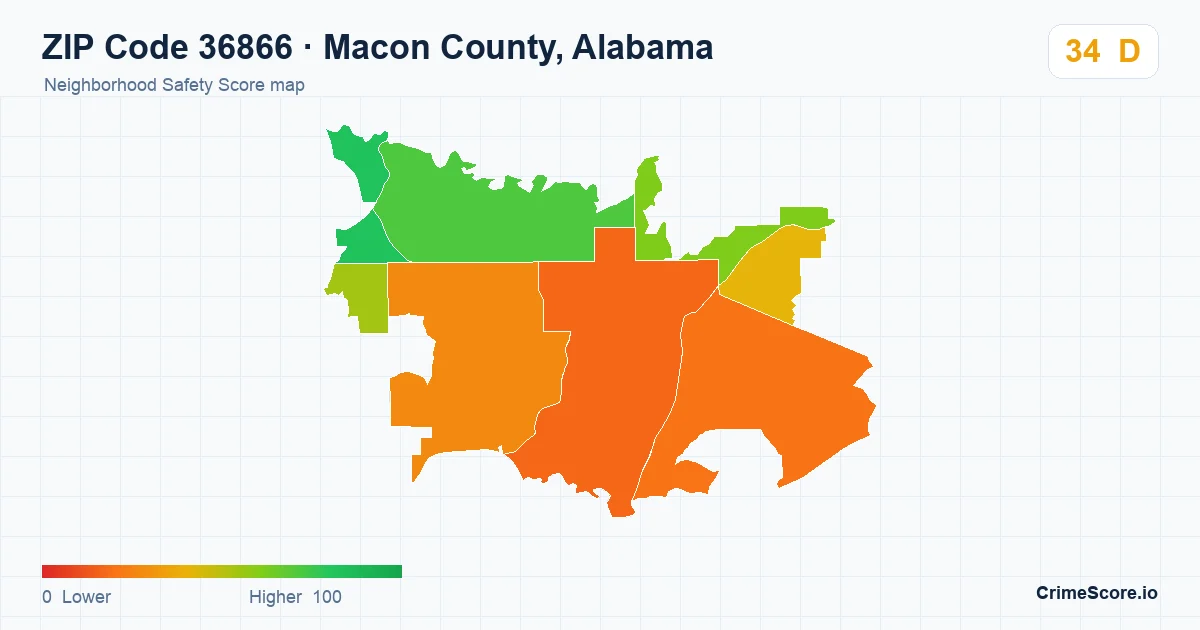 ZIP Code 36866 in Macon County, Alabama neighborhood Safety Score map