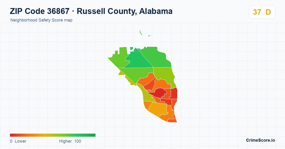 ZIP Code 36867 in Russell County, Alabama neighborhood Safety Score map