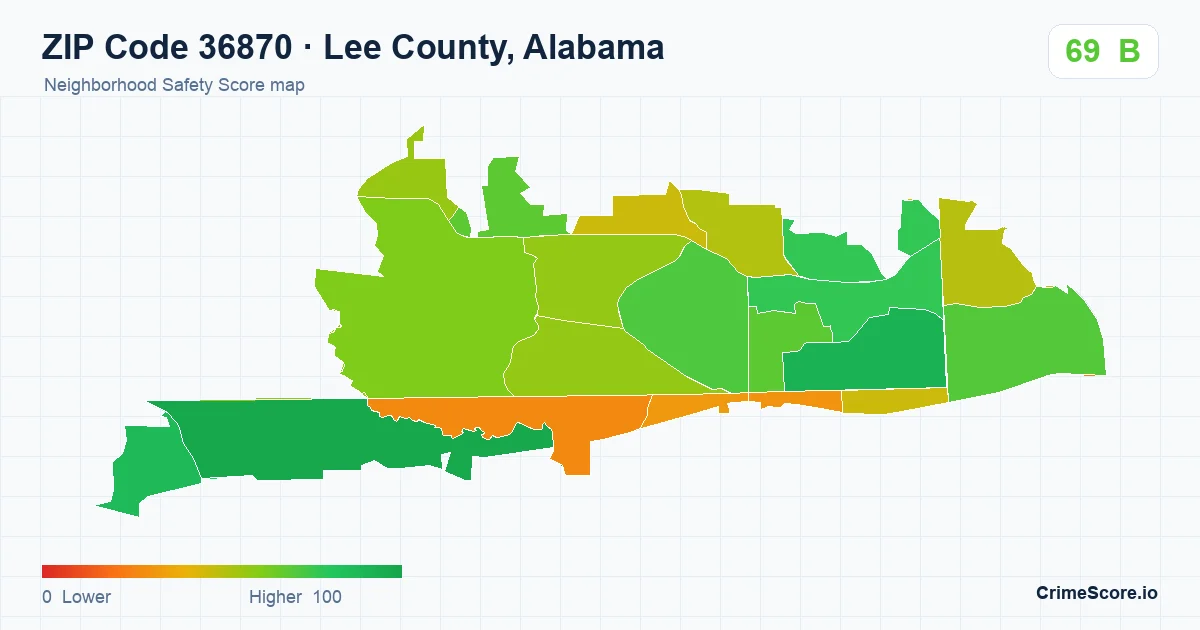 ZIP Code 36870 in Lee County, Alabama neighborhood Safety Score map