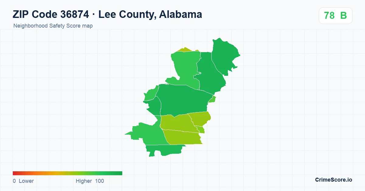ZIP Code 36874 in Lee County, Alabama neighborhood Safety Score map