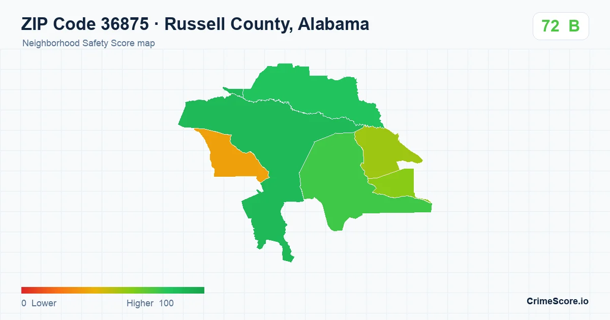 ZIP Code 36875 in Russell County, Alabama neighborhood Safety Score map