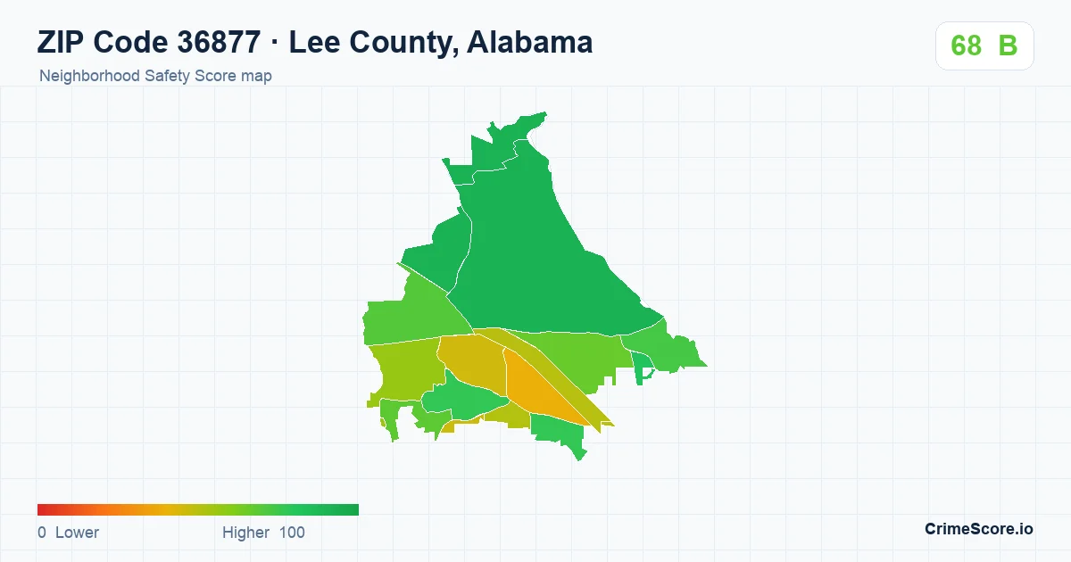 ZIP Code 36877 in Lee County, Alabama neighborhood Safety Score map