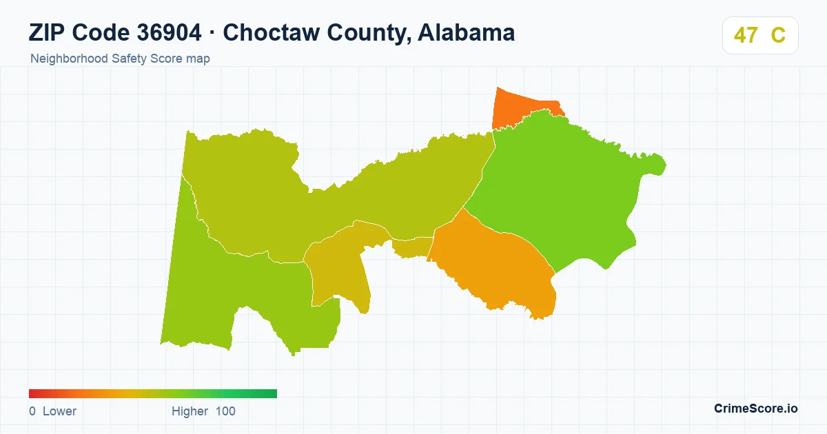 ZIP Code 36904 in Choctaw County, Alabama neighborhood Safety Score map