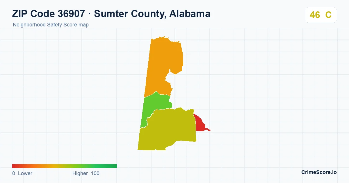 ZIP Code 36907 in Sumter County, Alabama neighborhood Safety Score map