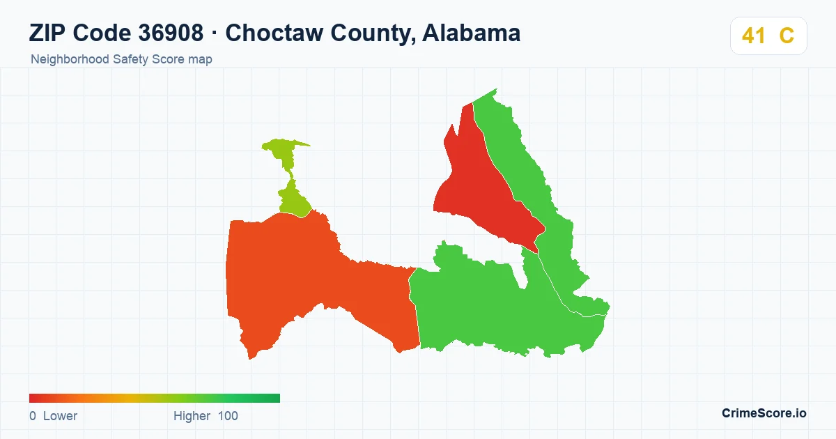 ZIP Code 36908 in Choctaw County, Alabama neighborhood Safety Score map