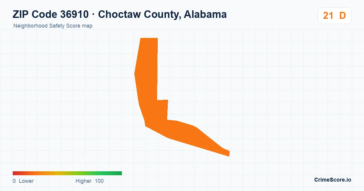 ZIP Code 36910 in Choctaw County, Alabama neighborhood Safety Score map